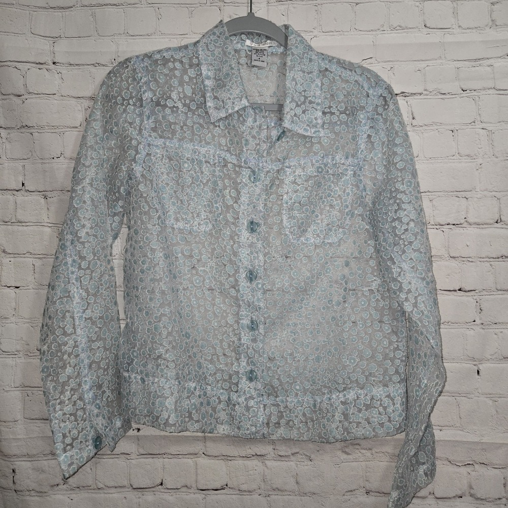 Erin London Sheer Floral Blouse Blue Long Sleeve Whimsical Romantic Ethereal Sm